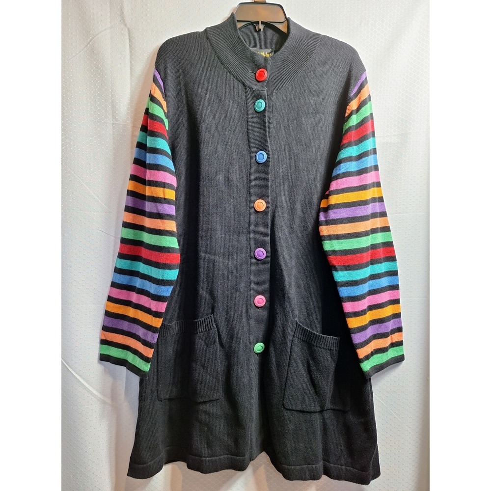 Bob Mackie Black Cardigan with Rainbow Striped Sleeves
